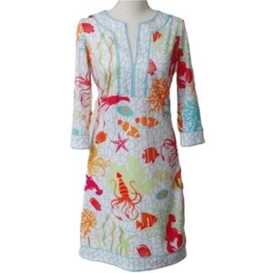 Gretchen Scott dress size Small Sea life print Split neck sheath coastal beachy